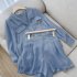 2pcs Women Shirt Shorts Suit Long Sleeves Lapel Shirt Solid Color Shorts Large Size Casual Loose Two piece Set Navy blue L