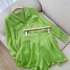 2pcs Women Shirt Shorts Suit Long Sleeves Lapel Shirt Solid Color Shorts Large Size Casual Loose Two piece Set Navy blue XXXL