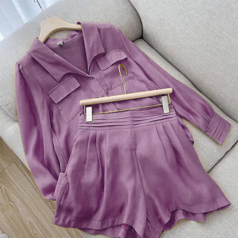 Summer Women's Suit Solid Color Clothes Casual Set Loose Style Shirt Tops  and Irregular Shorts Drawstring Beach Clothing Female