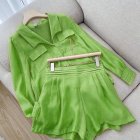 2pcs Women Shirt Shorts Suit Long Sleeves Lapel Shirt Solid Color Shorts Large Size Casual Loose Two-piece Set green L