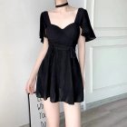 2pcs Women Solid Color Swimwear Short Sleeves Slimming One-piece Swimsuit With Shorts black one size