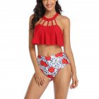 2pcs Women Split Bikini Swimsuit Trendy Floral Printing Sexy Backless High Waist Halter Swimwear red S