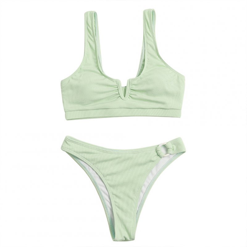 2pcs Women Split Swimsuit Solid Color Striped Fabric Backless Sexy Ladies Bikini Green_S