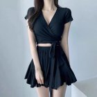 2pcs Women Split Swimsuit Fashion Short Sleeves Conservative Solid Color Bathing Suit For Hot Spring Swimming black one size