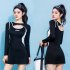 2pcs Women Split Swimsuit Long Sleeves High Waist Sunscreen Quick drying Swimwear Suit For Hot Spring black L  47 5 52 5kg 