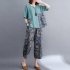 2pcs Women Summer Suit Casual Large Size Short Sleeves Printing Shirt Wide leg Cropped Pants green M