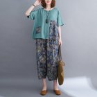 2pcs Women Summer Suit Casual Large Size Short Sleeves Printing Shirt Wide-leg Cropped Pants green 2XL