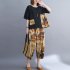 2pcs Women Summer Suit Casual Large Size Short Sleeves Printing Shirt Wide leg Cropped Pants black XL