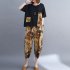 2pcs Women Summer Suit Casual Large Size Short Sleeves Printing Shirt Wide leg Cropped Pants black XL
