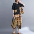 2pcs Women Summer Suit Casual Large Size Short Sleeves Printing Shirt Wide leg Cropped Pants black XL