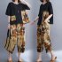 2pcs Women Summer Suit Casual Large Size Short Sleeves Printing Shirt Wide leg Cropped Pants black XL