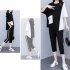 2pcs Women Summer Suit Round Neck Short Sleeves Large Size Loose Shirt Cropped Pants With Pocket Two piece Set black L