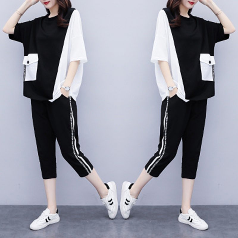 2pcs Women Summer Suit Round Neck Short Sleeves Large Size Loose Shirt Cropped Pants With Pocket Two-piece Set black M