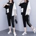2pcs Women Summer Suit Round Neck Short Sleeves Large Size Loose Shirt Cropped Pants With Pocket Two piece Set black L