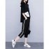 2pcs Women Summer Suit Round Neck Short Sleeves Large Size Loose Shirt Cropped Pants With Pocket Two piece Set black M
