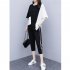 2pcs Women Summer Suit Round Neck Short Sleeves Large Size Loose Shirt Cropped Pants With Pocket Two piece Set black L