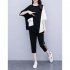 2pcs Women Summer Suit Round Neck Short Sleeves Large Size Loose Shirt Cropped Pants With Pocket Two piece Set black L