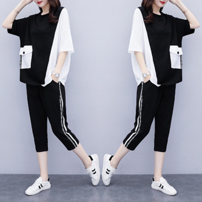 2pcs Women Summer Suit Round Neck Short Sleeves Large Size Loose Shirt Cropped Pants With Pocket Two-piece Set black L
