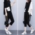 2pcs Women Summer Suit Round Neck Short Sleeves Large Size Loose Shirt Cropped Pants With Pocket Two piece Set black L