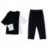 2pcs Women Summer Suit Round Neck Short Sleeves Large Size Loose Shirt Cropped Pants With Pocket Two piece Set black L