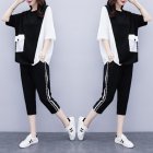 2pcs Women Summer Suit Round Neck Short Sleeves Large Size Loose Shirt Cropped Pants With Pocket Two-piece Set black 2XL