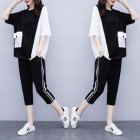 2pcs Women Summer Suit Round Neck Short Sleeves Large Size Loose Shirt Cropped Pants With Pocket Two-piece Set black 2XL