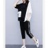 2pcs Women Summer Suit Round Neck Short Sleeves Large Size Loose Shirt Cropped Pants With Pocket Two piece Set black L
