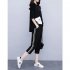 2pcs Women Summer Suit Round Neck Short Sleeves Large Size Loose Shirt Cropped Pants With Pocket Two piece Set black 3XL
