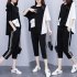 2pcs Women Summer Suit Round Neck Short Sleeves Large Size Loose Shirt Cropped Pants With Pocket Two piece Set black 3XL