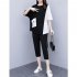 2pcs Women Summer Suit Round Neck Short Sleeves Large Size Loose Shirt Cropped Pants With Pocket Two piece Set black 3XL