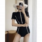 2pcs Women Summer Swimsuit Set Short Sleeves Conservative One-piece Bodysuit With Shorts For Surfing Hot Spring black XL