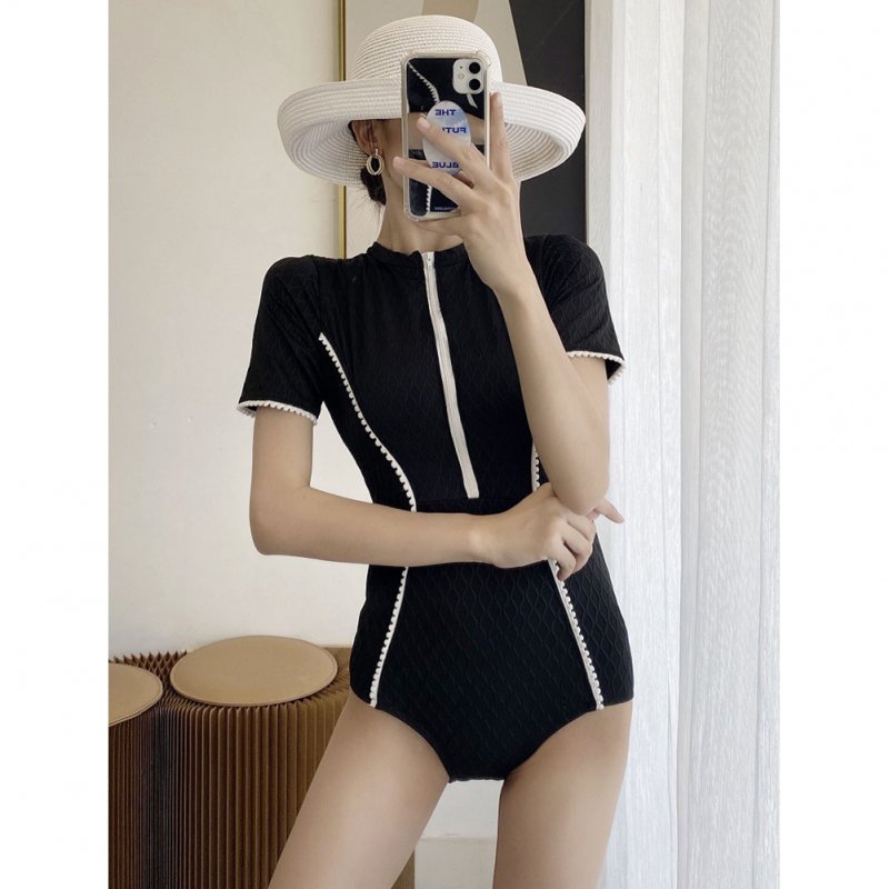 2pcs Women Summer Swimsuit Set Short Sleeves Conservative One-piece Bodysuit With Shorts For Surfing Hot Spring black L