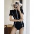 2pcs Women Summer Swimsuit Set Short Sleeves Conservative One piece Bodysuit With Shorts For Surfing Hot Spring black L