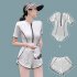 2pcs Women Summer Swimsuit Set Short Sleeves Conservative One piece Bodysuit With Shorts For Surfing Hot Spring black XL