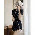 2pcs Women Summer Swimsuit Set Short Sleeves Conservative One piece Bodysuit With Shorts For Surfing Hot Spring black XL