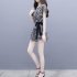 2pcs Women Trendy Printing Suit Loose Short Sleeves Round Neck Blouse Casual Shorts Summer Two piece Set As shown L