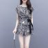 2pcs Women Trendy Printing Suit Loose Short Sleeves Round Neck Blouse Casual Shorts Summer Two piece Set As shown L