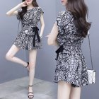 2pcs Women Trendy Printing Suit Loose Short Sleeves Round Neck Blouse Casual Shorts Summer Two-piece Set As shown XL