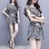 2pcs Women Trendy Printing Suit Loose Short Sleeves Round Neck Blouse Casual Shorts Summer Two piece Set As shown XXL