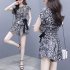 2pcs Women Trendy Printing Suit Loose Short Sleeves Round Neck Blouse Casual Shorts Summer Two piece Set As shown XXL