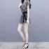 2pcs Women Trendy Printing Suit Loose Short Sleeves Round Neck Blouse Casual Shorts Summer Two piece Set As shown XXL