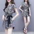 2pcs Women Trendy Printing Suit Loose Short Sleeves Round Neck Blouse Casual Shorts Summer Two piece Set As shown XXL