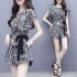 2pcs Women Trendy Printing Suit Loose Short Sleeves Round Neck Blouse Casual Shorts Summer Two piece Set As shown XXL