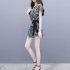 2pcs Women Trendy Printing Suit Loose Short Sleeves Round Neck Blouse Casual Shorts Summer Two piece Set As shown XXL