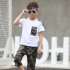2pcs set Boy Casual Suit Camouflage Shorts Short Sleeves Shirt For 3 8 Years Old white 140cm