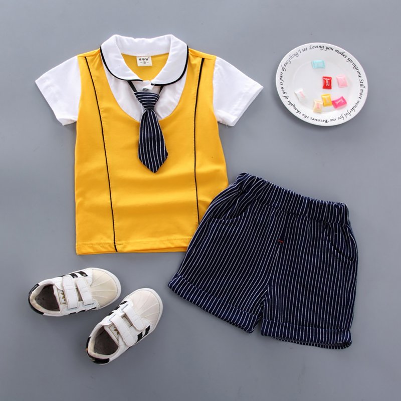 2pcs/set Boy Sports Suit Baby Gentleman Tie Pattern Short Sleeve T-shirt + Short Suit yellow_80cm