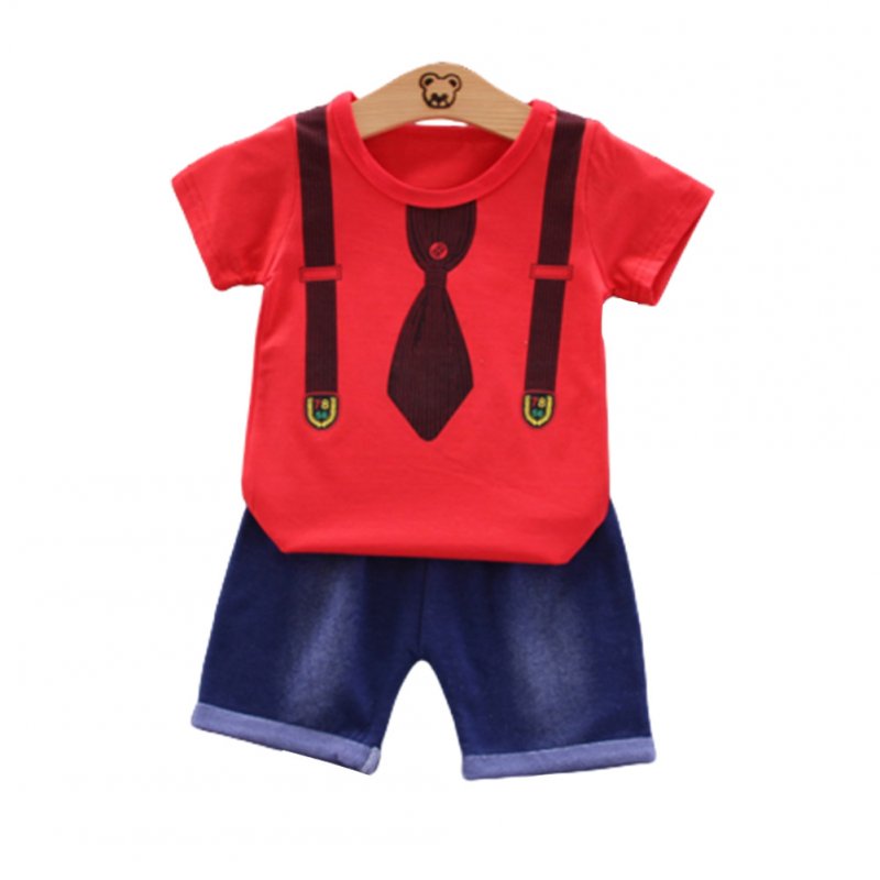 2pcs/set Boys Short-sleeve Suit Cotton Necktie Printed for 0-4 Years Old Baby red_90cm