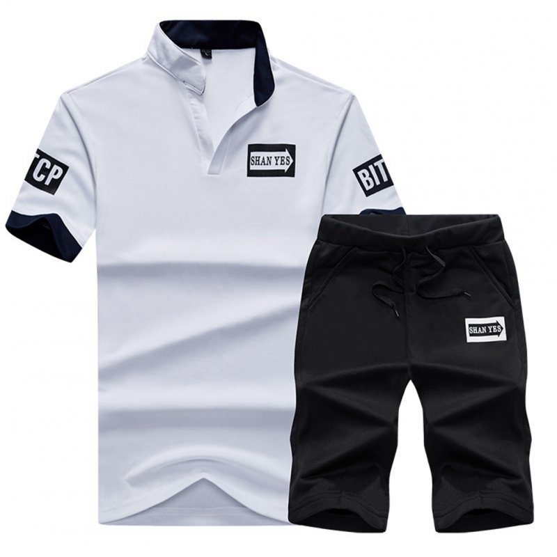 2pcs/set Men Summer Suit Middle Length Trousers + Casual Sports T-shirt white_M
