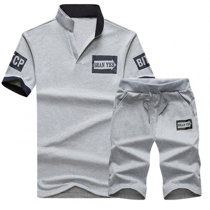 2pcs/set Men Summer Suit Middle Length Trousers + Casual Sports T-shirt gray_XXL