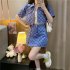 2pcs set Women Tops Skirt Suit Fashion Elegant Plaid Short sleeved Crop Top Jacket Skirt Two piece Set blue XXL